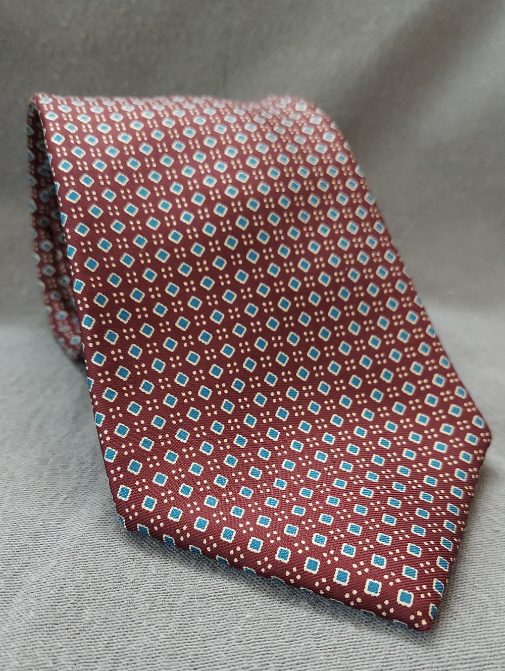 Christian Dior Men's Silk Tie Brownish Red W/ turquoise and white diamond Motifs